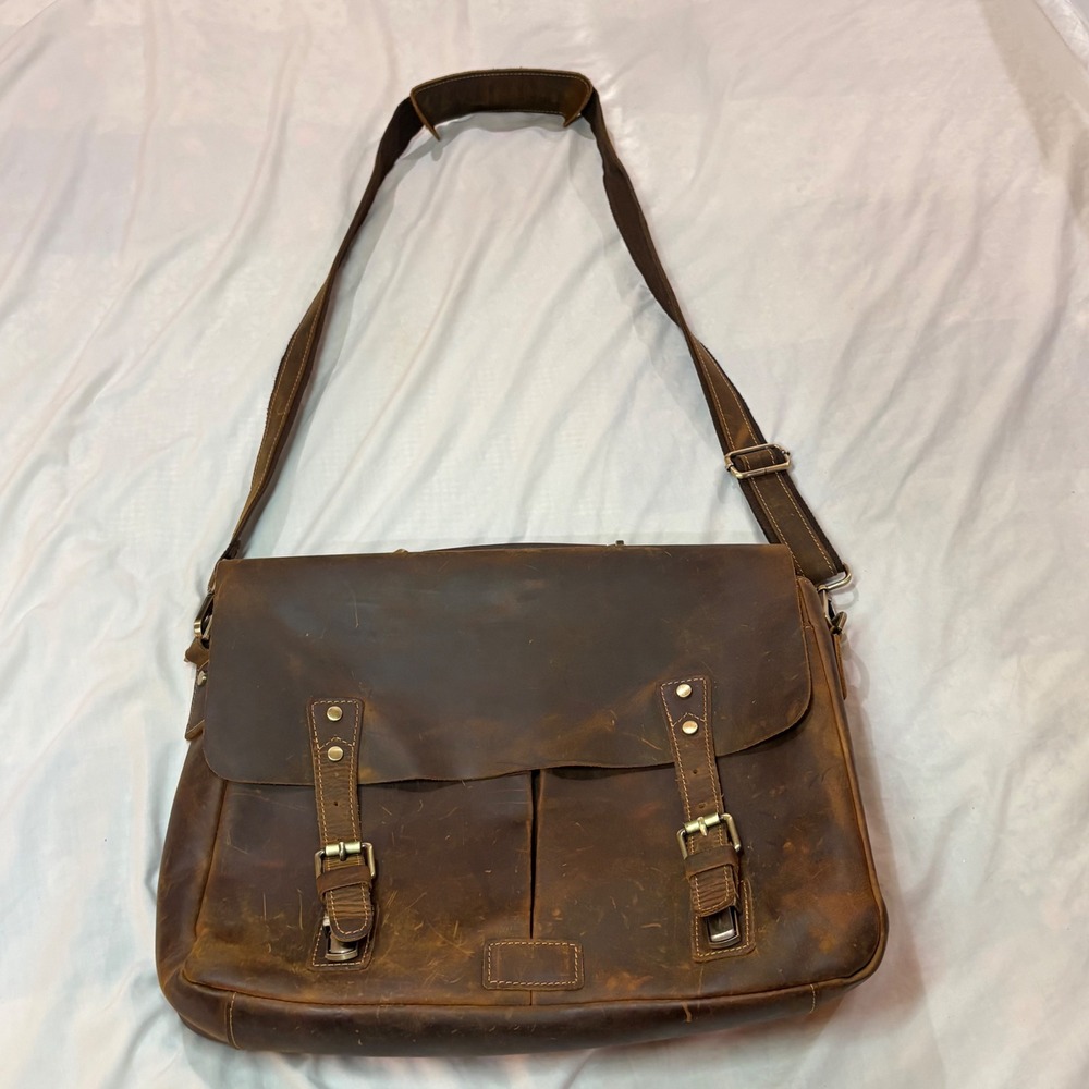 Jack & Chris Brown Leather Messenger Bag Laptop Satchel Distressed Briefcase